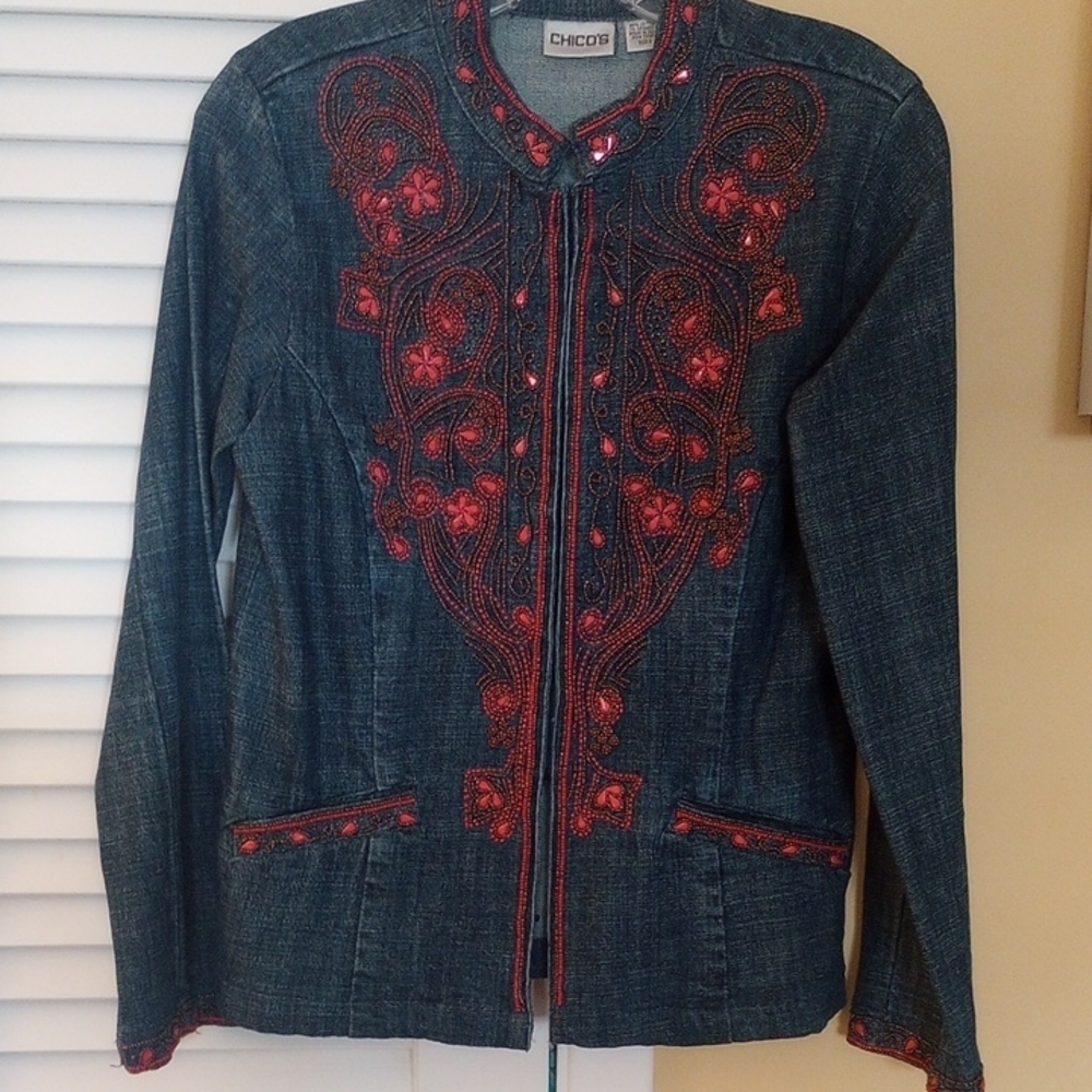 Chico's Women's Denim Jacket with Coral Embroidery